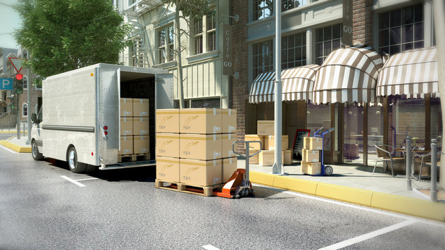 concept of delivery of goods to a cafe or restaurant boxes are loaded from a truck at the entrance to a cafe 3d render exterior scene