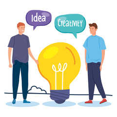 man creative with light bulb and speech bubbles vector illustration design
