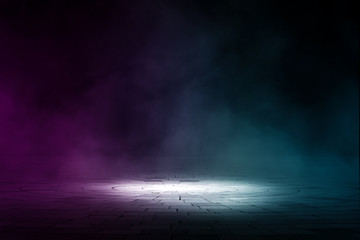 dark background, concentrate floor with glowing purple light stage. 