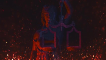 Bloody, burning justice: a 3D animation of Lady Justice, goddess Justitia, picturing injustice or discrimination. Medium shot.