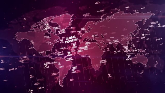 Covid-19 virus global pandemic alert on digital world map loopable endless 3d animation. Abstract concept.