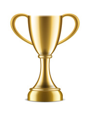 Winner trophy. Sport award for champion victory congratulations, realistic 3d gold vector cup on white background