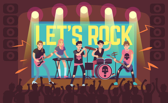 Musicians On Concert. Rock Band And Pop Musicians, Sound Equipment And Musical Instruments, Guitarists And Drummer On Stage Vector Concept