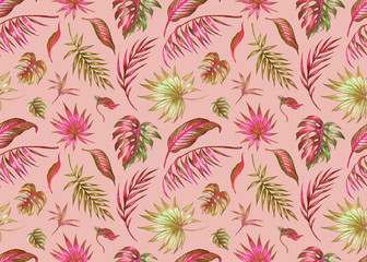 Tropical leaves seamless pattern on coral background, trendy floral print for fabric and various designs.