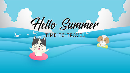 Hello summer poster or banner with happy dog and cat swimming in the sea in paper cut style.