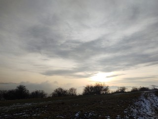 Sunrise or sunset over the hills and meadow. Slovakia	