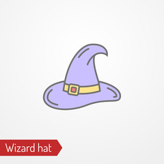 Abstract wizard hat with buckle. Isolated icon in flat style. Typical fantasy character headdress. Sorceress magician warlock witch vector stock image. - 334189673