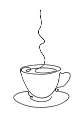 Cup cup of coffee continuous line art hand drawing. Coffee house logo. Outline style drawn sketch vector illustration.