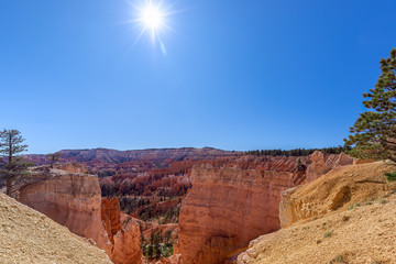 View of amazing hoodoos sandstone formations in scenic Bryce Canyon National Parkon on a sunny day. Utah, USA