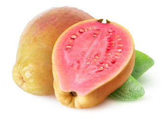 Isolated yellow pink fleshed guava. Whole yellow guava fruit and a half isolated on white background with clipping path