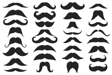 Black moustaches. Mustache silhouettes, hipster and gentleman style elegance design, barbershop facial, face accessory vector icons