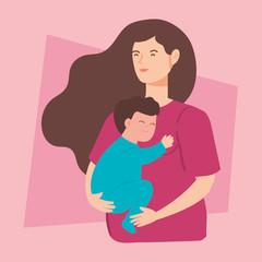 cute woman pregnant carrying baby boy vector illustration design