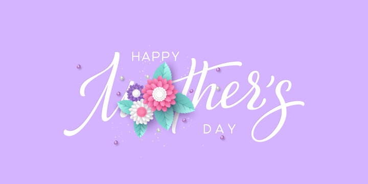 Happy Mothers day typography design. Handwritten calligraphy with 3d paper cut flowers and leaves on purple background. Vector illustration.