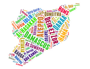 Syria map and list of cities word cloud concept