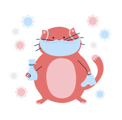 Vector cartoon illustration Protect yourself from Coronavirus infection. Cat in the face mask uses antibacterial spray. Corona virus outbreak prevention. Hygiene during Covid-19.Basic RGB