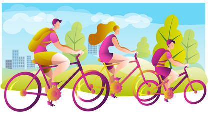 A family of cyclists on a walk. Mom, dad and son ride a bike. Vector illustration in bright colors. Summer landscape.