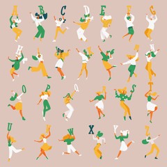 Collection with young women in casual clothes dancing with alphabet letters. English alphabet sequence. Abc set in green, yellow and white