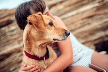 Girl embracing her brown dog on the beach