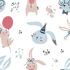 Vector hand-drawn color children's seamless repeating pattern with cute bunnies in the Scandinavian style on a white background. Cute kids cartoon animals. Scandi animal pattern