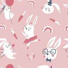 Vector hand-drawn color children's seamless repeating pattern with cute bunnies, carrots and a rainbow in the Scandinavian style on a pink background. Cute kids cartoon animals. Scandi animal pattern