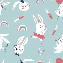 Vector hand-drawn color children's seamless repeating pattern with cute bunnies, carrots and a rainbow in the Scandinavian style on a blue background. Cute kids cartoon animals. Scandi animal pattern
