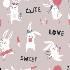 Vector hand-drawn color children's seamless repeating pattern with cute bunnies, carrots and a lettering in the Scandinavian style. Cute kids cartoon animals. Scandi animal pattern
