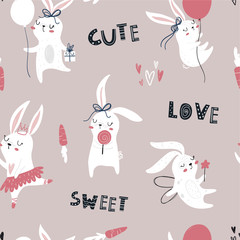 Vector hand-drawn color children's seamless repeating pattern with cute bunnies, carrots and a lettering in the Scandinavian style. Cute kids cartoon animals. Scandi animal pattern  © ZHUKO