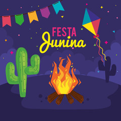 festa junina poster with bonfire and icons traditional vector illustration design