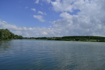 Summer nature landscape with lake, grass, filed, trees.