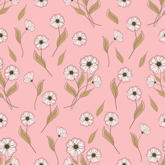 Fototapeta na wymiar Seamless pattern with white flowers on pink background. Vector illustration