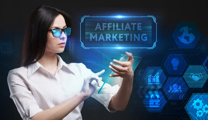 Business, Technology, Internet and network concept. Young businessman working on a virtual screen of the future and sees the inscription: Affiliate marketing