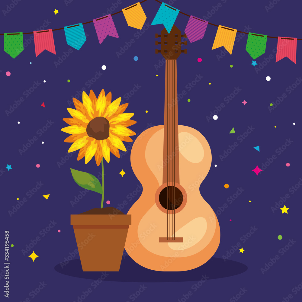 Wall mural festa junina poster with guitar and sunflower vector illustration design