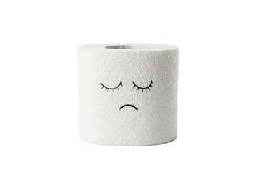 Toilet paper with sad face isolated on white background