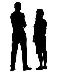 Young man and woman are standing next to each other. Isolated silhouette on a white background