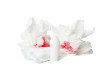 Toilet paper with blood and candles isolated on white background