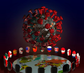 3D rendering. 3D virus Covid-19 At the round table, the countries of the world in a mask with their flags.