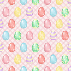 Fototapeta na wymiar Hand drawn seamless pattern of many eggs with lines, circles, flowers, glare, checkered background. Colorful spring doodle illustration for Easter, greeting card, invitation, wallpaper, wrapping paper