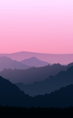 Natural forest mountains horizon hills silhouettes of trees. Evening Sunrise and sunset. Landscape wallpaper. Illustration vector style. Colorful view background.