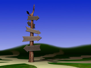 3D rendering. A pointer with wooden arrows for different roads.