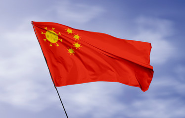 China flag flying in wind with Coronavirus (covid-19) virus icon