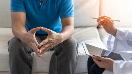 Men's health disease, on prostate cancer or mental illness concept with male patient having...