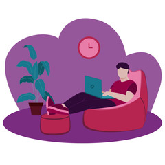 Man using laptop vector illustration. Working from home, remote work. Online shopping. Freelance, e-learning concept