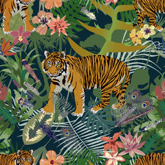 Seamless exotic pattern with tiger, leaves, flowers, feathers.