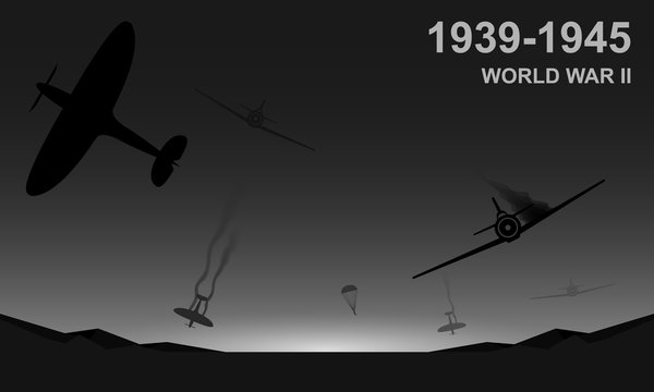 World War II 1939-1945 black and white vector illustration. Air force aircraft chase.