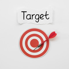 Flat lay of target on paper with dart and mark