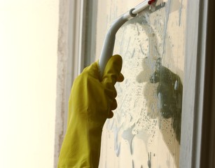 Process of window washing. A hand in rubber glove cleaning window by special cleaning brush, squeegee. Window is covered with a cleaner foam.