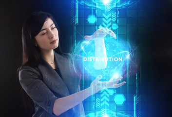 Business, Technology, Internet and network concept. Young businessman working on a virtual screen of the future and sees the inscription: Distribution