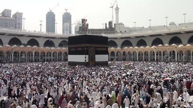 MECCA, SAUDI ARABIA,  August 2019 - Muslim pilgrims from all over the world gathered to perform Umrah or Hajj at the Haram Mosque in Mecca, Saudi Arabia, days of Hajj or Omrah