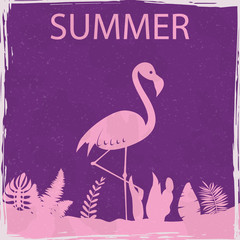 Flamingo summer tropical exotic bird floral vintage poster. Textured grunge effect retro card