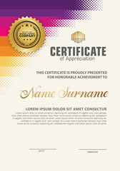 Futuristic vertical modern certificate template with diagonal halftone ornament on background. vector illustration